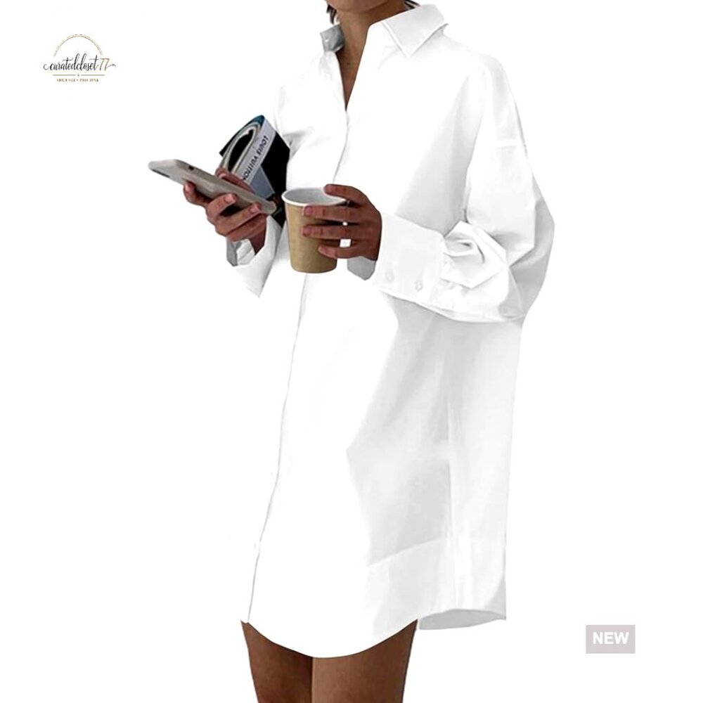 Casual Shirt Dress Long Sleeve V Neck Button Down Mini Loose Fit